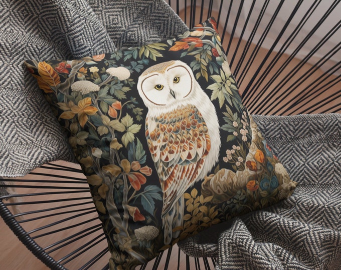 Barn Owl Suede Pillow, William Morris Inspired Cottagecore, Beautiful Owl, Vintage Nature Aesthetic, Forestcore, Boho, Floral & Fauna