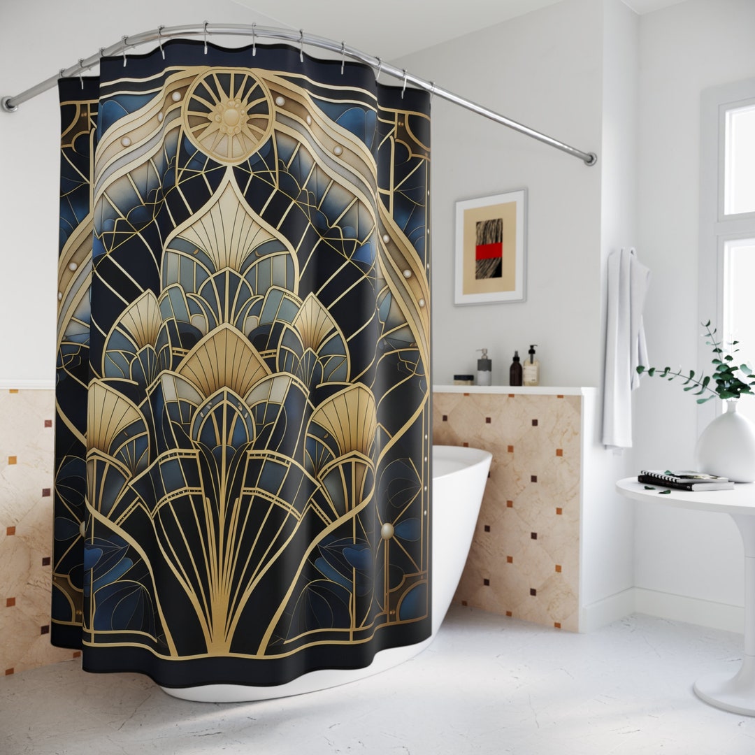 Art Deco Luxury Shower Curtain Vintage Fan & Geometric Pattern, Navy