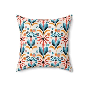 Vibrant Folk Art Floral Throw Pillow | Mid-Century Teal, Orange, Cream Design | 50s Boho Chic Decor