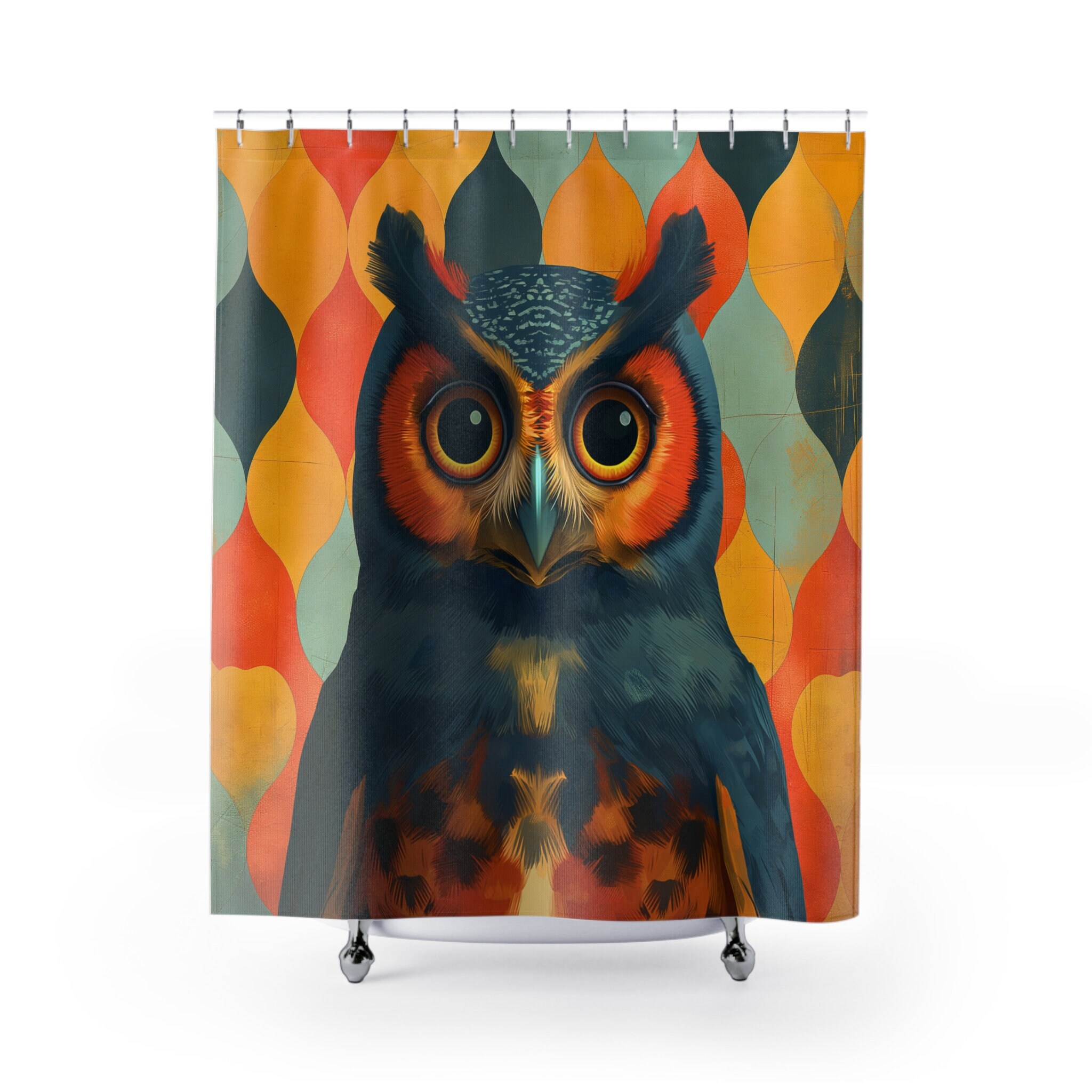 Colorful Owl Shower Curtain - Vibrant Retro Art, Mid-Century Modern Bathroom Decor, Quirky Gift for 
