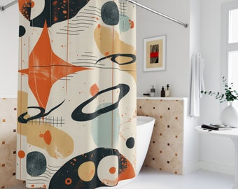Rideau de douche inspiré de l'ère atomique - design rétrofuturiste de l'ère spatiale, globes et anneaux modernes Mid-Century, décoration de salle de bain chic cosmique