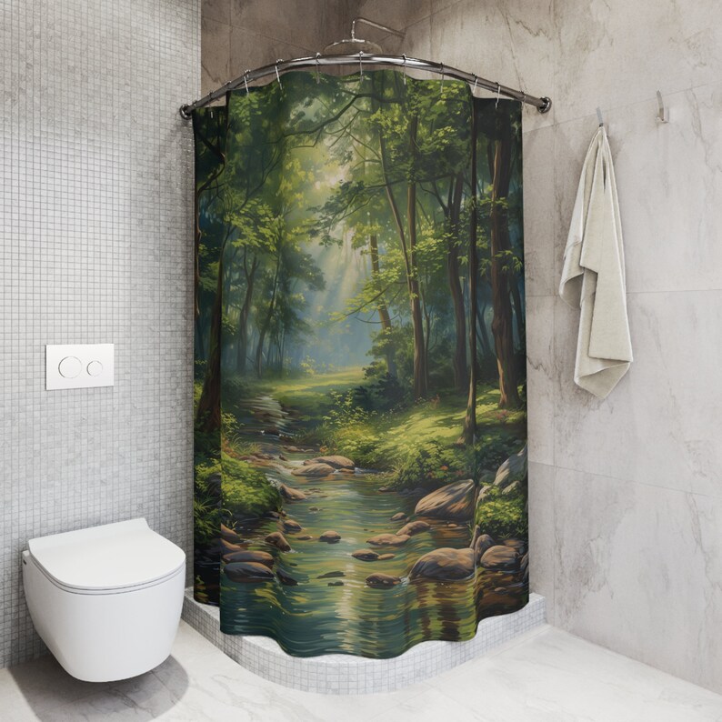 Verdant Glen Shower Curtain Lush Greenery, Vintage Pastel Palette