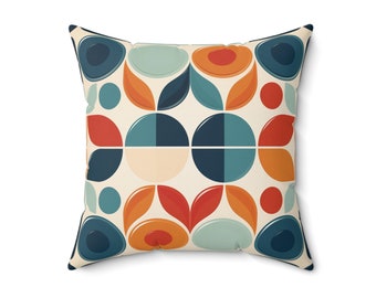 Mid-Century Geometric Throw Pillow - Retro Orb Pattern | Modern Home Decor Cushion | Bold Teal, Orange, Cream Accent | 1960s Inspired Sofa
