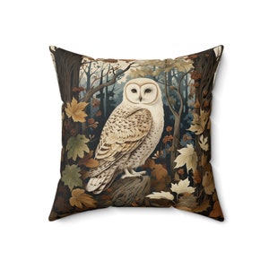 Owl in Autumn Twilight Decorative Pillow  - Elegant Forest & Leaf Design - Tranquil Nature Home Decor - William Morris Inspired Cottagecore