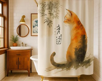 Cat Shower Curtain, Japanese Shower Curtains, Bathroom Japanese Art, Japanese Watercolor Decor, Japanese Fan Gift, Traditional Japanese Art