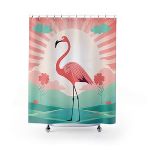 Art Deco Dawn Flamingo Shower Curtain - Retro Sunrise, Pastel Hues, Tropical Bathroom Oasis, Pink Flamingo Silhouette