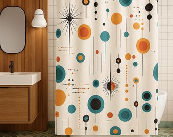 Atomic Age Shower Curtain - Mid-Century Modern Starbursts & Orbs | Vibrant Retro Bath Art | Vintage Design Waterproof Bathroom Masterpiece