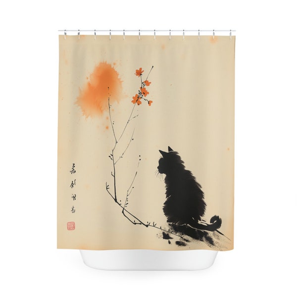Rideau de douche pour chat Sumi-e | Aquarelle traditionnelle japonaise | Silhouette féline et arbre d'automne | Art déco salle de bain tranquille | Cadeau pour amoureux des chats