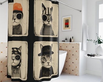 Chic Vintage Cat Shower Curtain, Cat Portraits, Trendy Feline Fashion Icons in Hats & Glasses, Monochrome Bathroom Decor, Animal Art Curtain