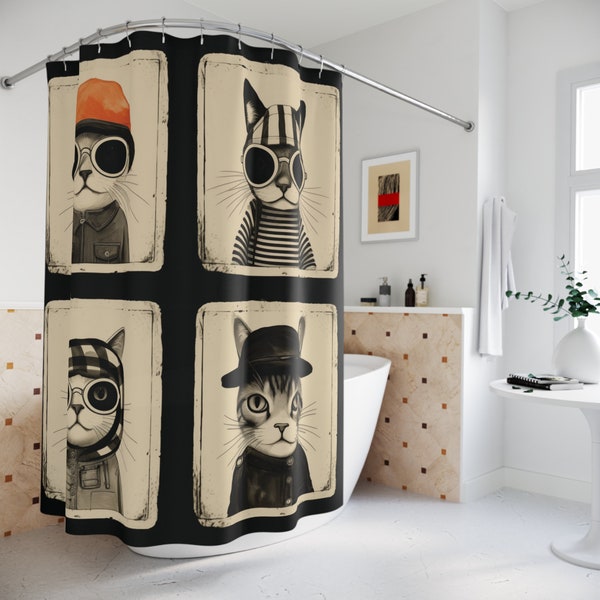 Chic Vintage Cat Shower Curtain, Cat Portraits, Trendy Feline Fashion Icons in Hats & Glasses, Monochrome Bathroom Decor, Animal Art Curtain