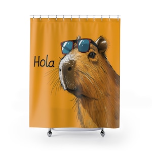 Cortina de ducha con diseño divertido de capibara, diseño de animales divertidos, decoración de baño en amarillo soleado, estilo de dibujos animados divertidos