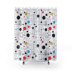 May include: A white shower curtain with a geometric pattern of black lines, circles, and dots in red, yellow, and blue.