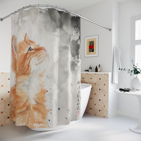 Rideau de douche chat sumi-e - sagesse gingembre, aquarelle japonaise traditionnelle, art de bain élégant - décoration animaux, cadeau pour les amoureux des chats