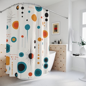 Atomic Age Shower Curtain - Mid-Century Modern Starbursts & Orbs | Vibrant Retro Bath Art | Vintage Design Waterproof Bathroom Masterpiece