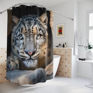 Shower Curtain, Beautiful Eyes Snow Leopard, Mountain, Farmhouse, Woodland Cabin Decor, Forest Bathroom, Nature, Wildlife, Modern Decoration