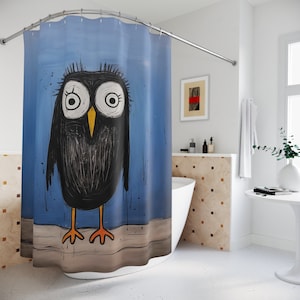 Cortina de ducha con diseño de pájaro divertido, búho negro, estética de baño divertida, arte humorístico, baño divertido y moderno, estilo boho