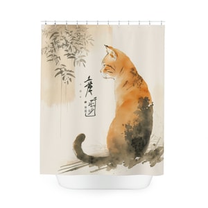 Cat Shower Curtain, Japanese Art, Bathroom Curtains, Watercolor Decor, Traditional Art, Cat Home Decoration, Cat Lovers, Cat Art