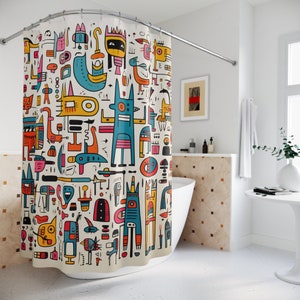 Douchegordijn, minimalistisch geometrisch abstract geïnspireerd, origineel gordijn, modern decor, kunst douchegordijn, moderne boerderij, boho