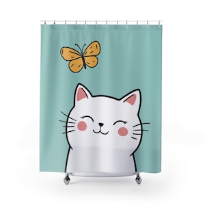 Cortina de ducha con diseño de gato kawaii, lindo gatito minimalista con mariposa, decoración de baño de anime, regalo divertido para amantes de los animales, adorable detalle para el hogar