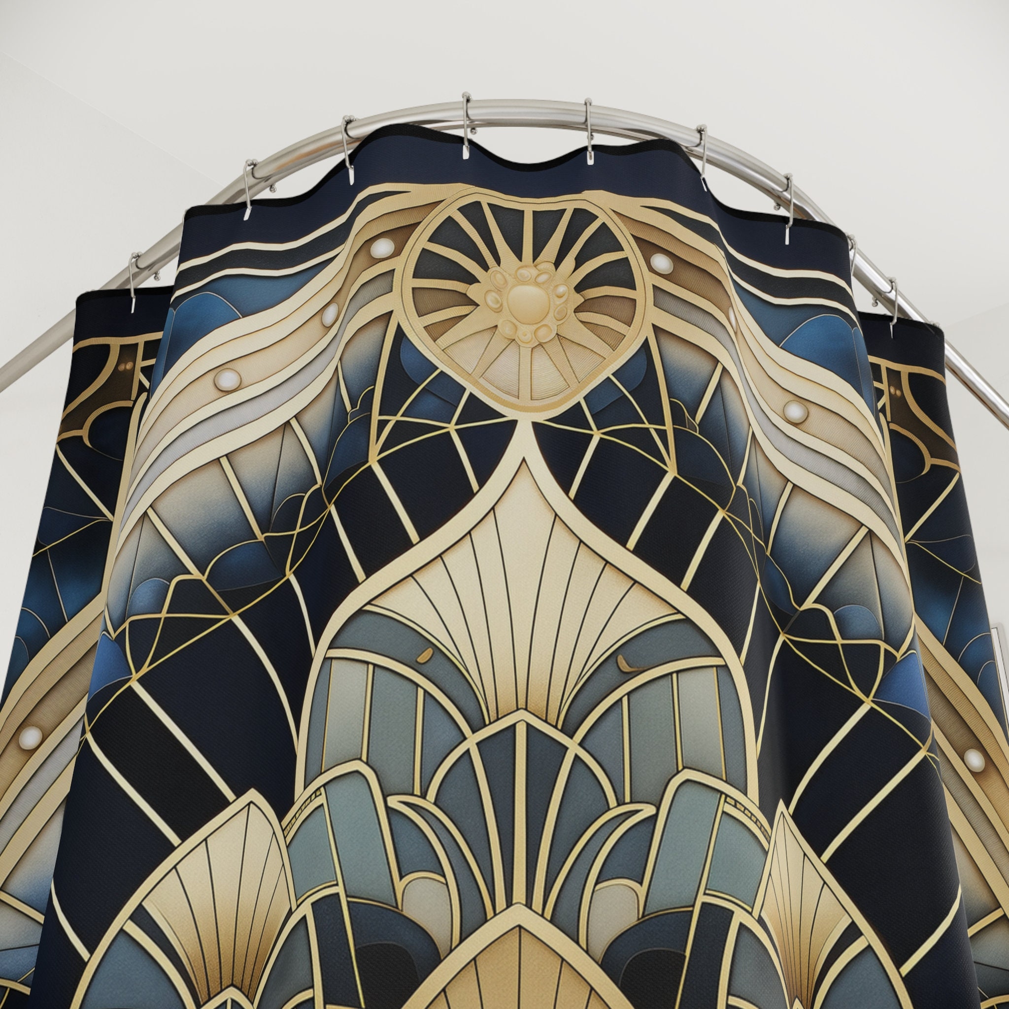 Art Deco Luxury Shower Curtain: Vintage Fan & Geometric Pattern, Navy