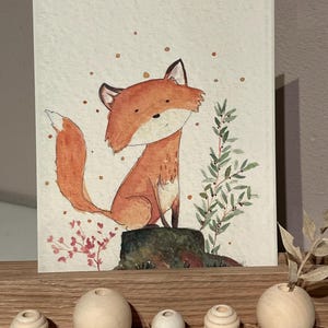 Grußkarte Postkarte süßer Fuchs auf Baumstamm, Strukturpapier, Aquarell, Kindermotiv