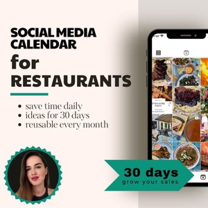 May include: A social media calendar for restaurants with a 30-day plan to grow sales. The calendar includes ideas for daily posts and is reusable every month. The image shows a phone screen with a grid of food photos.