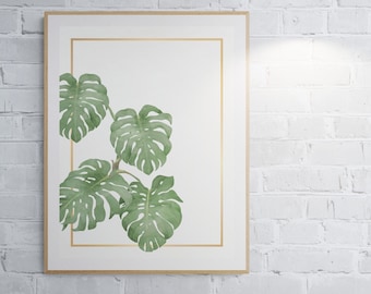 Monstera Leaf Print, Green Palm Botanical Wall Art (Digital Download)