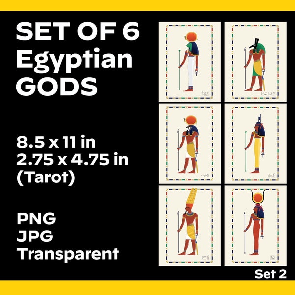 Egyptian Gods Print (set of 6) Amun, Hathor, Isis, Ra, Sekhmet, Set | Digital Multiple Sizes | Transparent PNG | JPG | TAROT | Set #2