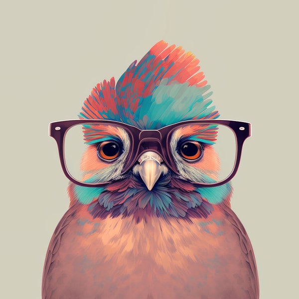 Nerd Bird, Nerdiger Vogel mit Brille, Poster, Art Print von KI generiert