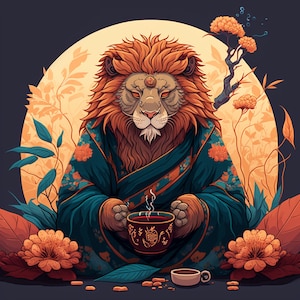 Tea Ceremony, Lion, Relaxation, Zen, AI Generated Art, Wall Decor, Digital Download, Print It Yourself