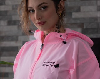 INTROVERT Embroidered Champion Packable Jacket, Funny Design, Introvert Art, Cool Shirts, Antisocial Art, Windbreaker, Pink Jacket