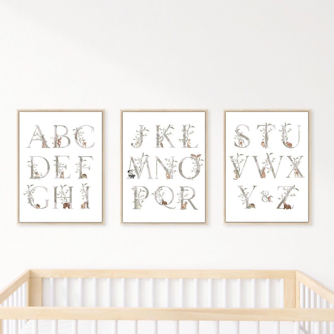 Woodland Animal Alphabet Nursery Prints, Set of 3 Woodland Nursery