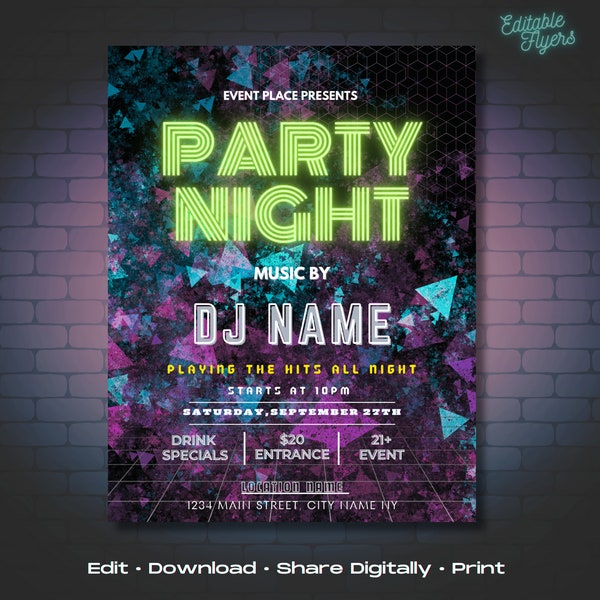 Editable Party Flyer Template - DJ Flyer, Party Event Flyer, Club Flyer - Edit in Canva - Printable, Share on Social Media - DIY Flyer