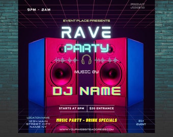Club & DJ Party Flyer Template - Customizable and Editable Design for Events, Promotions - Edit in Canva Share on Social Media, Printable