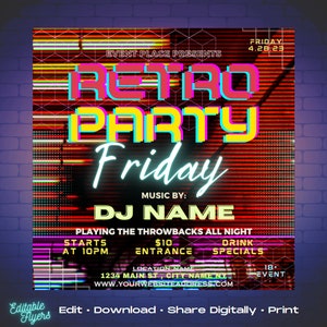 Retro Party Theme Flyer Editable Template, DJ Party Flyer Template - DIY Canva Flyer, Instagram, Facebook, Club Flyer, Party Invitation
