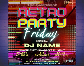 Retro Party Theme Flyer Editable Template, DJ Party Flyer Template - DIY Canva Flyer, Instagram, Facebook, Club Flyer, Party Invitation