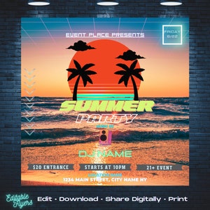 Editable Party Flyer Template - Summer Party, Pool Party, Club Flyer, DJ Flyer - Edit in Canva - Print or Share in Social Media - DIY Flyer