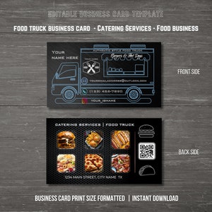 Cartão de Visita Editável para Food Truck ou Catering - Editar no Canva - Modelo Totalmente Personalizável - Cartão QR Code