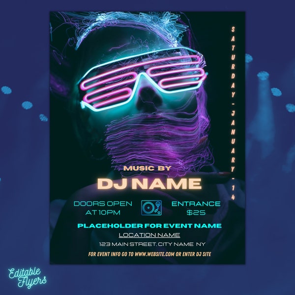 Editable Party Flyer Template, DJ Flyer, Nighctlub Flyer, Rave Party Flyer, Customizble Flyer, Edit in Canva, Print or Share Digitally