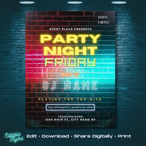 Editable Party Flyer Template, DJ Flyer, Nighctlub Flyer, Rave Party Flyer, Customizble Flyer, Edit in Canva, Print or Share Digitally