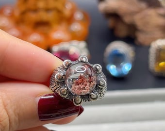 Anillo de plata de ley 925 con cuarzo fantasma de jardín natural
