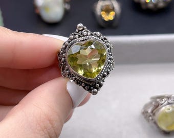 Lemon Citrine Ring: 925 Silver Sunflower Design, Adjustable