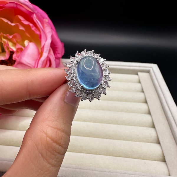 Aquamarine oval shaped 925 sterling silver ring, March birthstone.