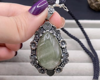 Green Phantom Quartz Sterling Silver Pendant Necklace.