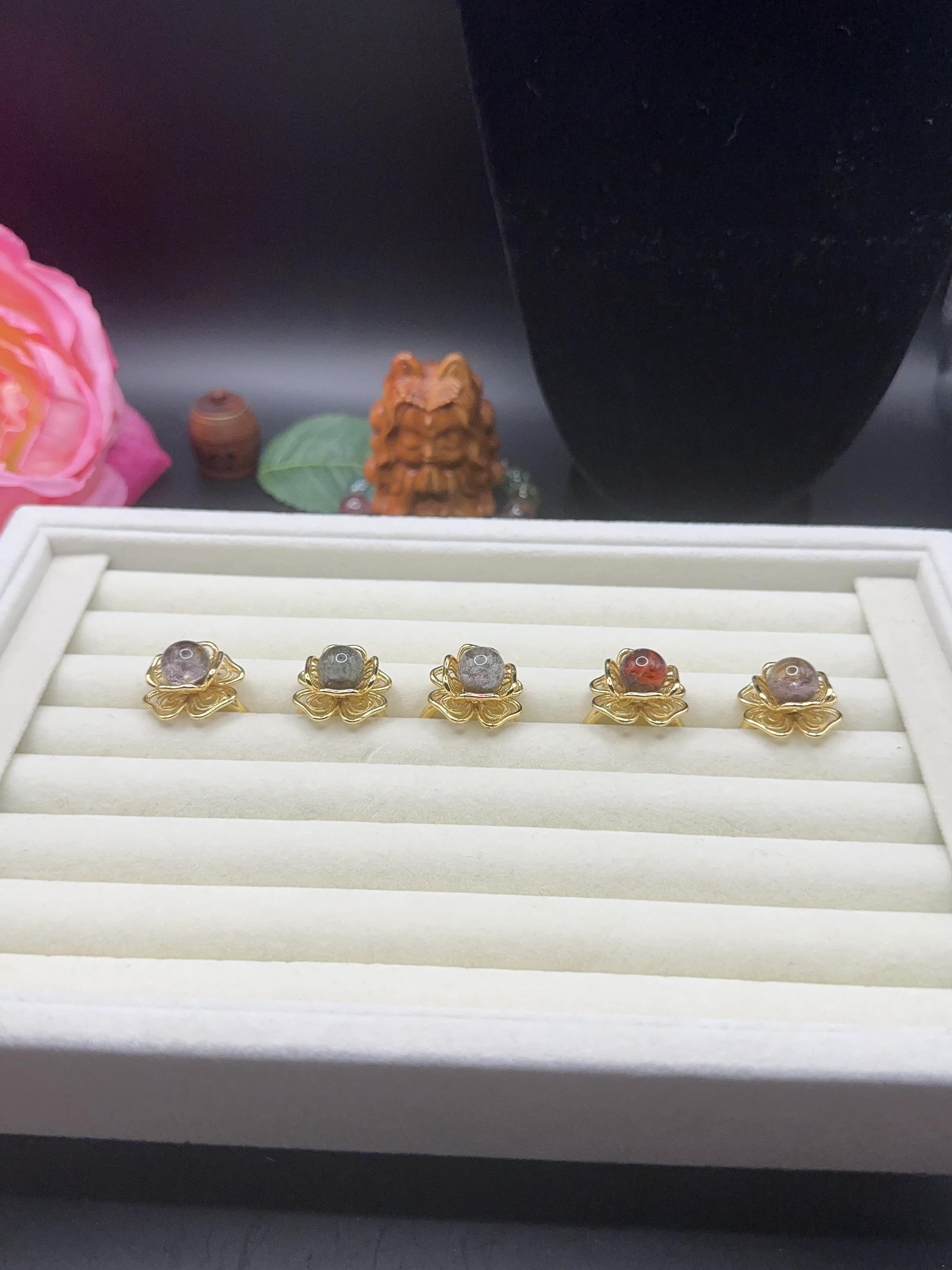 Green Phantom Quartz Flower Ring: Gold Plated Bronze, Adjustable