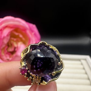Amethyst Sphere Ring: Gold Plated 925 Sterling Silver, Adjustable