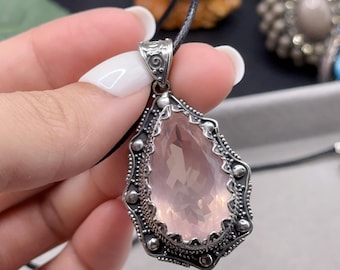 Handmade Rose Quartz Pendant: Oval Sterling Silver Necklace