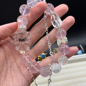 Rose Quartz Beaded Bracelet,D.I.Y Crystal Bracelet, Lemon Quartz Carved nine-tailed fox, 13-14mm rose quartz beads.