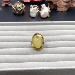 Handmade Green Amber Ring: Oval Sterling Silver Adjustable Band