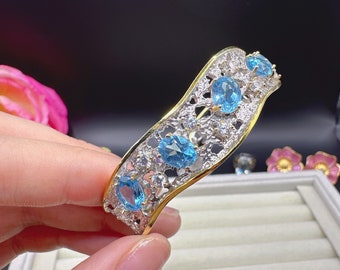 Swiss Blue Topaz Cuff Bracelet, 925 sterling silver , 18k gold plated, bangle bracelet.